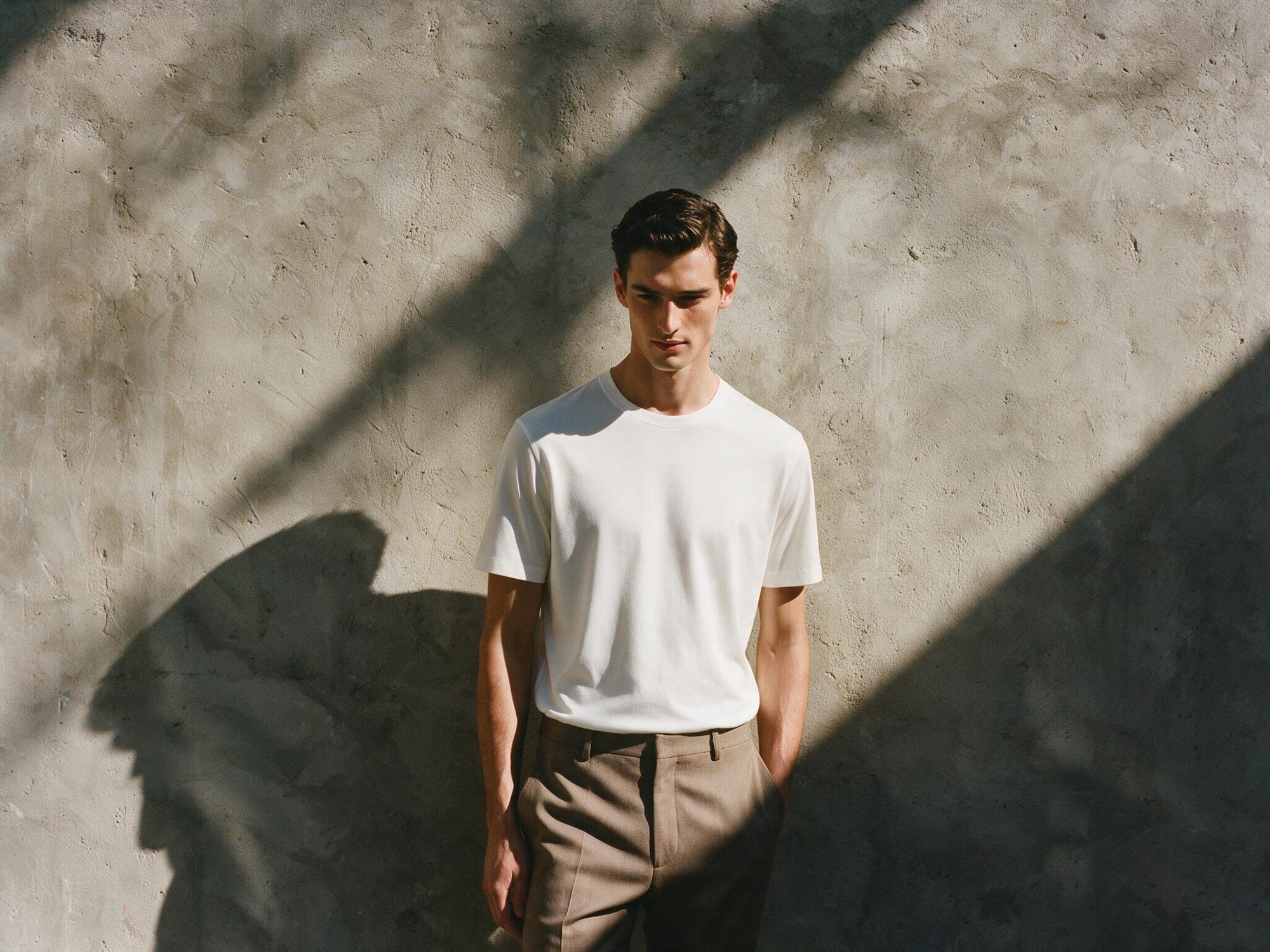 Editorial look, charcoal t-shirt